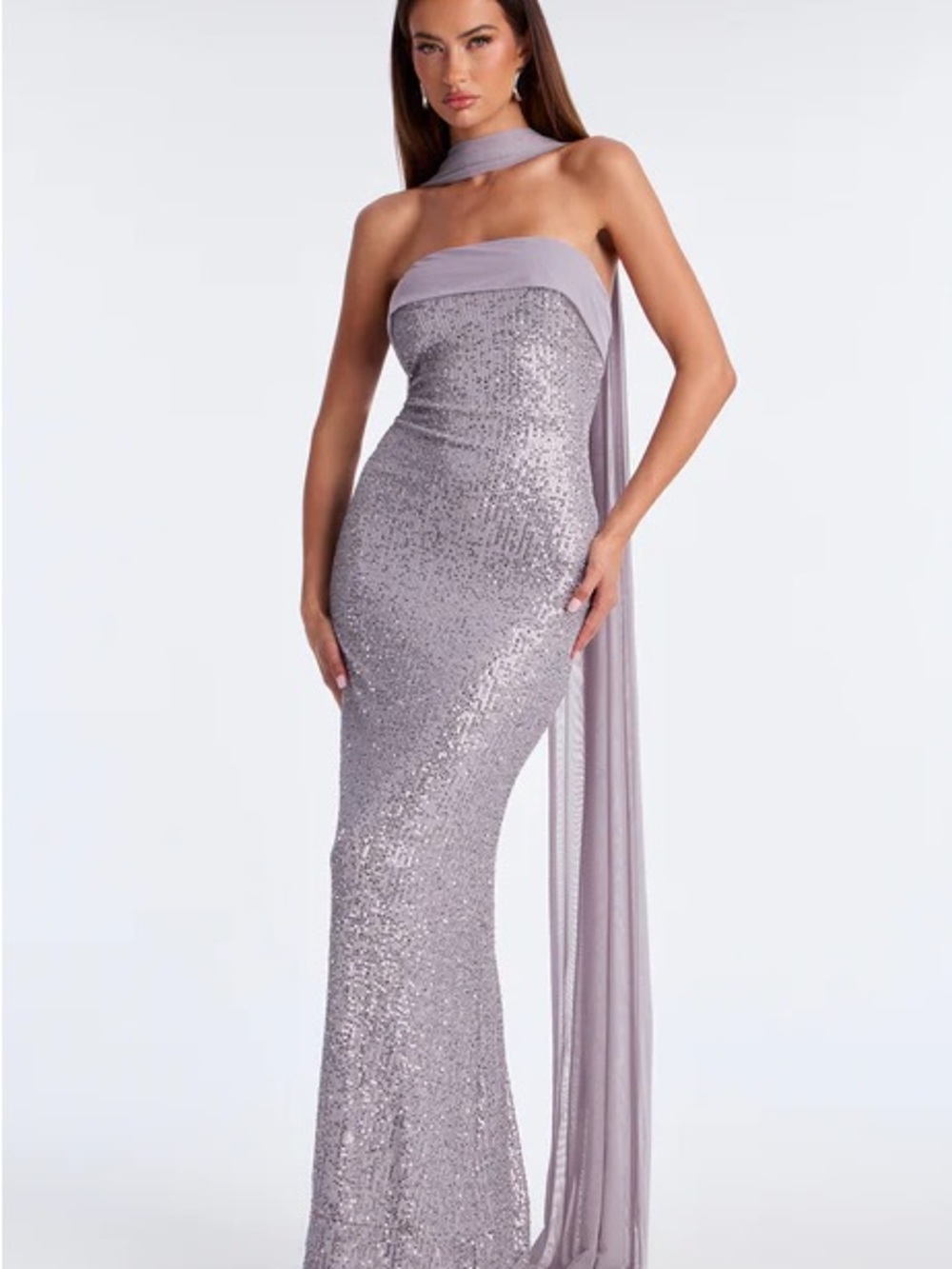 Fashion Nova Strapless Sequin Gown in Lavender Silver